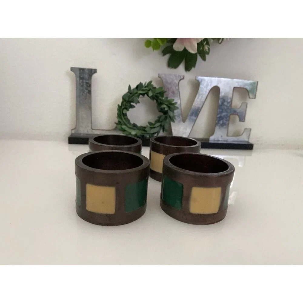 Vintage 1980s Pier 1 Napkin Rings Bronze Green Yellow Inlay Set of 4‎ Retro EUC